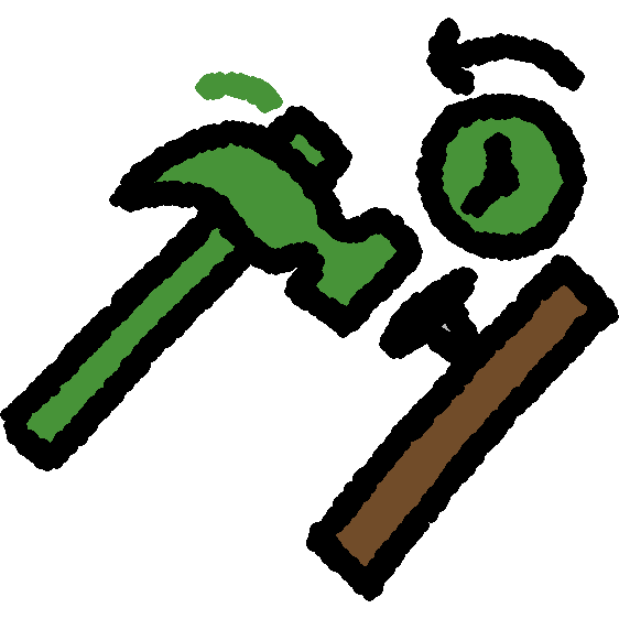 A green hammer strikes a nail on a brown board with a green clock above the meeting point. The clock has an arrow arching counterclockwise.